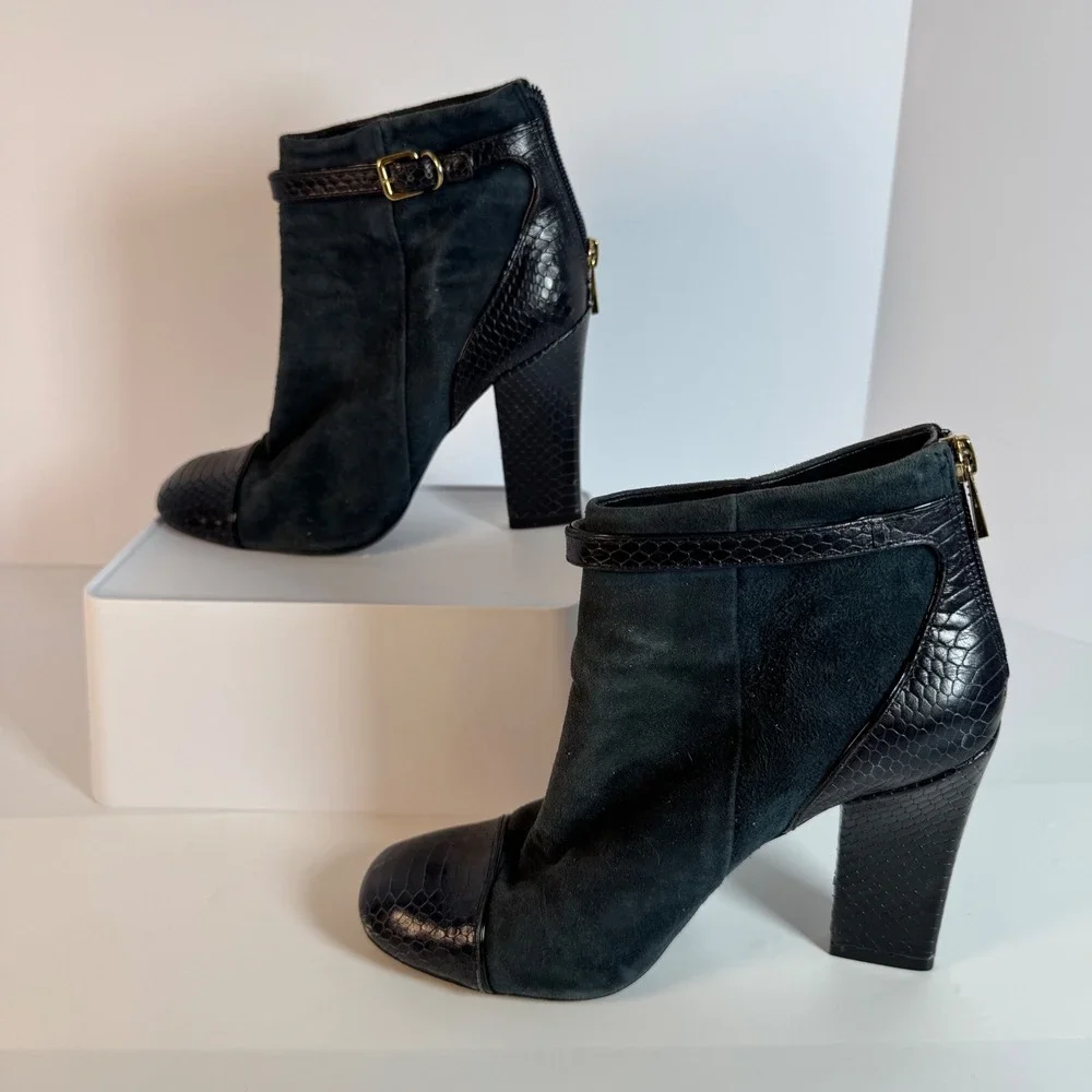 Tory Burch Suede Leather Snake Print Block Heel Ankle Boots 8.5M